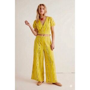 👉 Boho Yellow 2 Piece Set Wrap Top Wide Leg Pants Festival S
